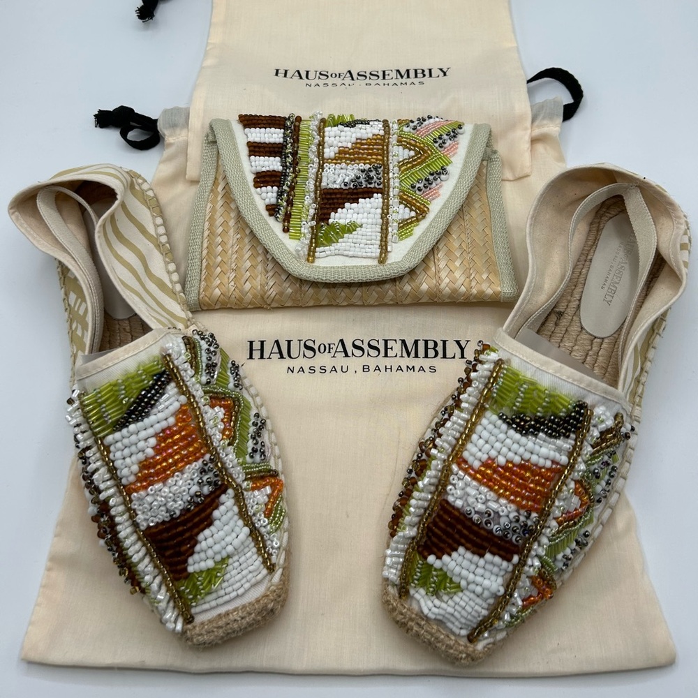 NWT HAUS ASSEMBLY of Nassau, Bahamas beaded espadrilles and matching clutch set.